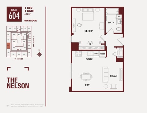A floor plan for a unit at The Nelson shows a sleeping area, a kitchen, and a bathroom.